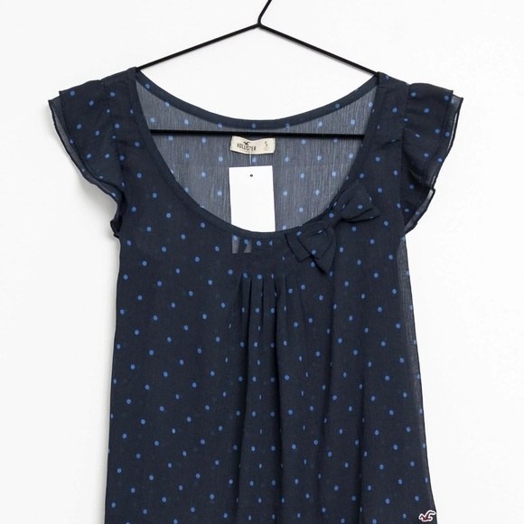 Hollister Navy Blue Sheer Polka Dot Blouse with Bow - Size L - Picture 2 of 11